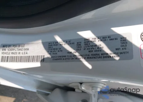 2022 Ram 1500 Rebel 4X4 5'7 Box z USA, uszkodzony, nr VIN 1C6SRFLT5NN318494